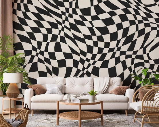 Wavy Monochrome wall mural swirling black and cream in a living room GD11121