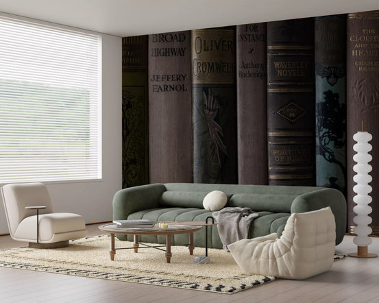 Wall mural of antique library book spines warming a living room GD11127