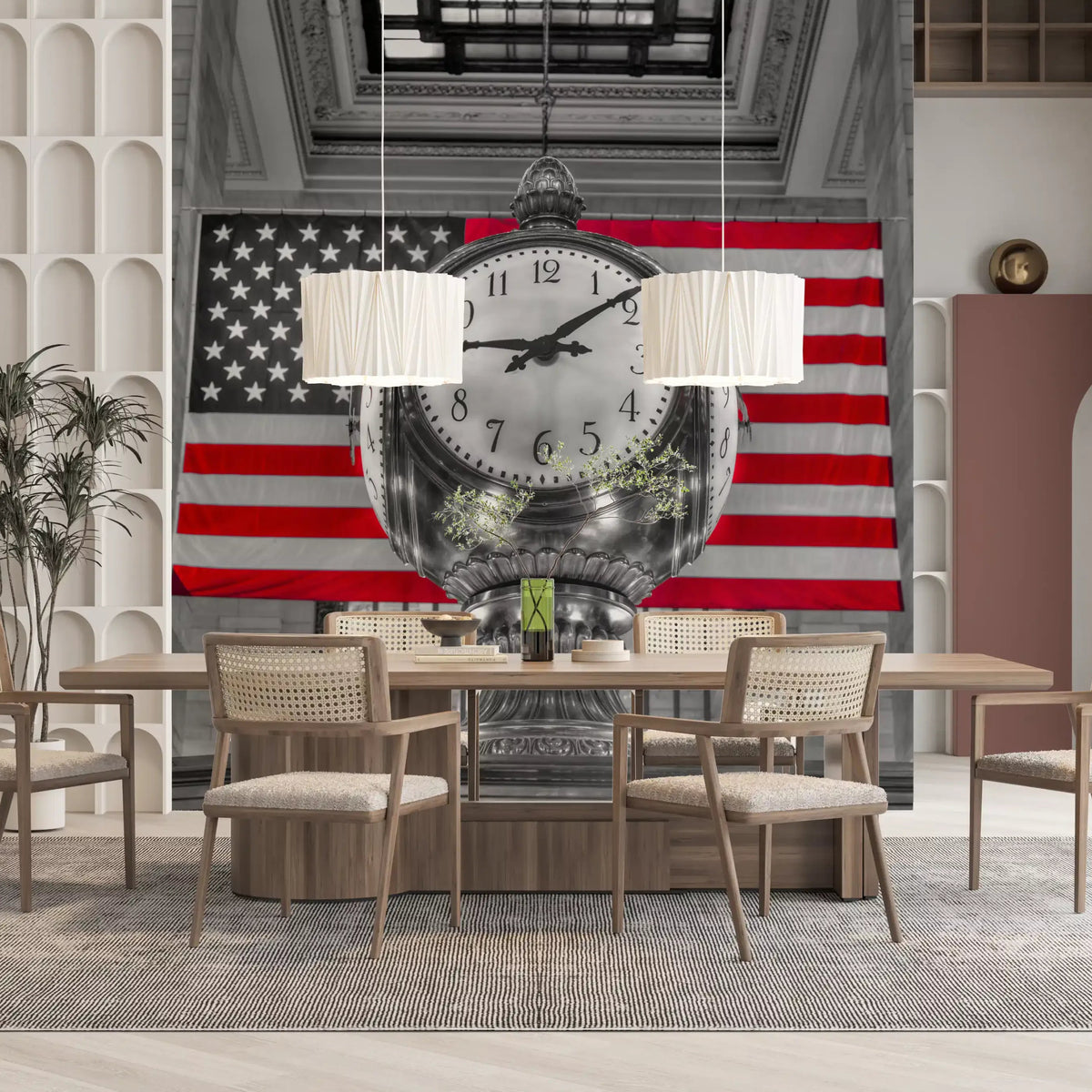Wall mural of the Grand Terminal clock over a red flag in a Dining room GD11130
