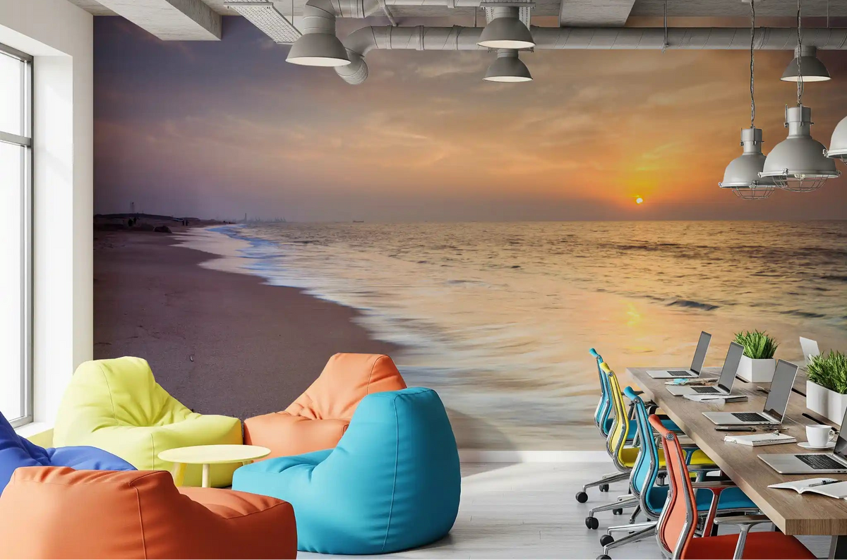Sunlit office area carrying the warm glow of a Golden Hour Coastal wall mural GD11132
