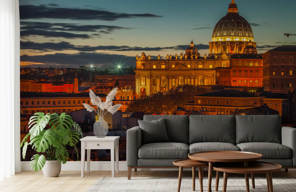 A living room glows under the Roman Twilight Basilica View wall mural, GD11134