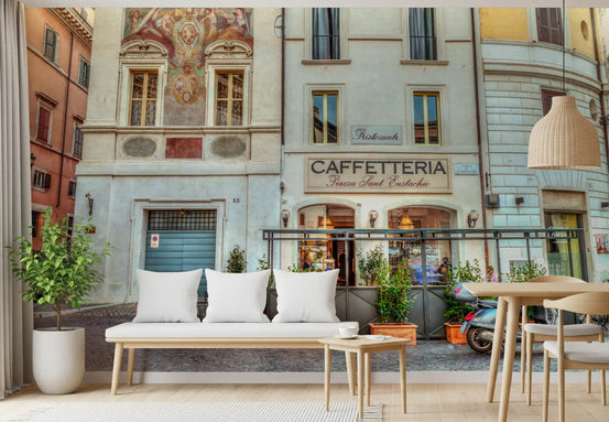 Sunlit piazza and caffetteria fill a Dining room in this wall mural GD11136
