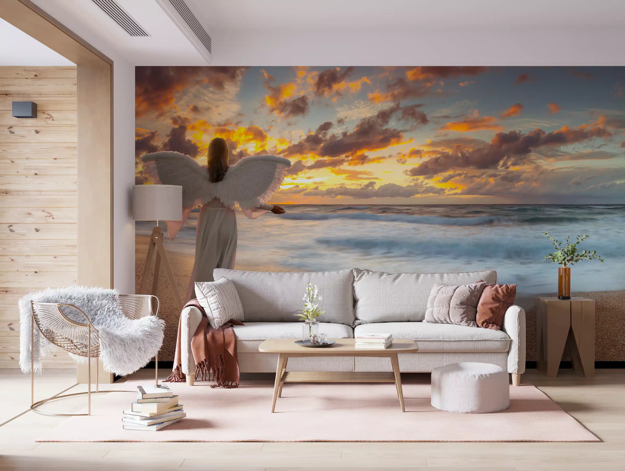 Warm Celestial Guardian wall mural glow across a restful living room GD11138
