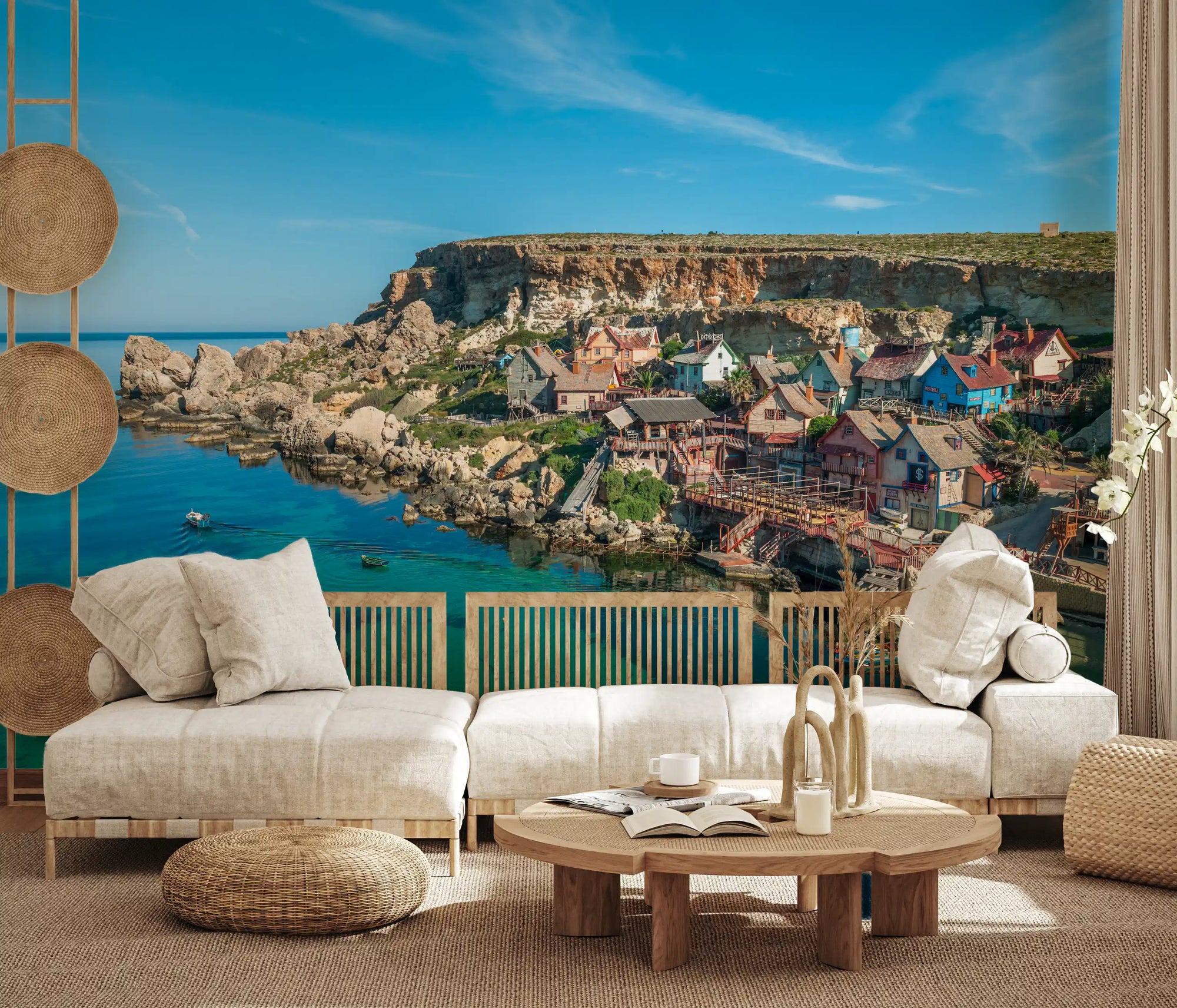 Wall mural of a harbor village lending a living room warm coastal colour GD11141
