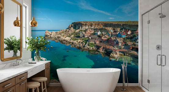 Mediterranean Coastal Village Harbor Wall Mural