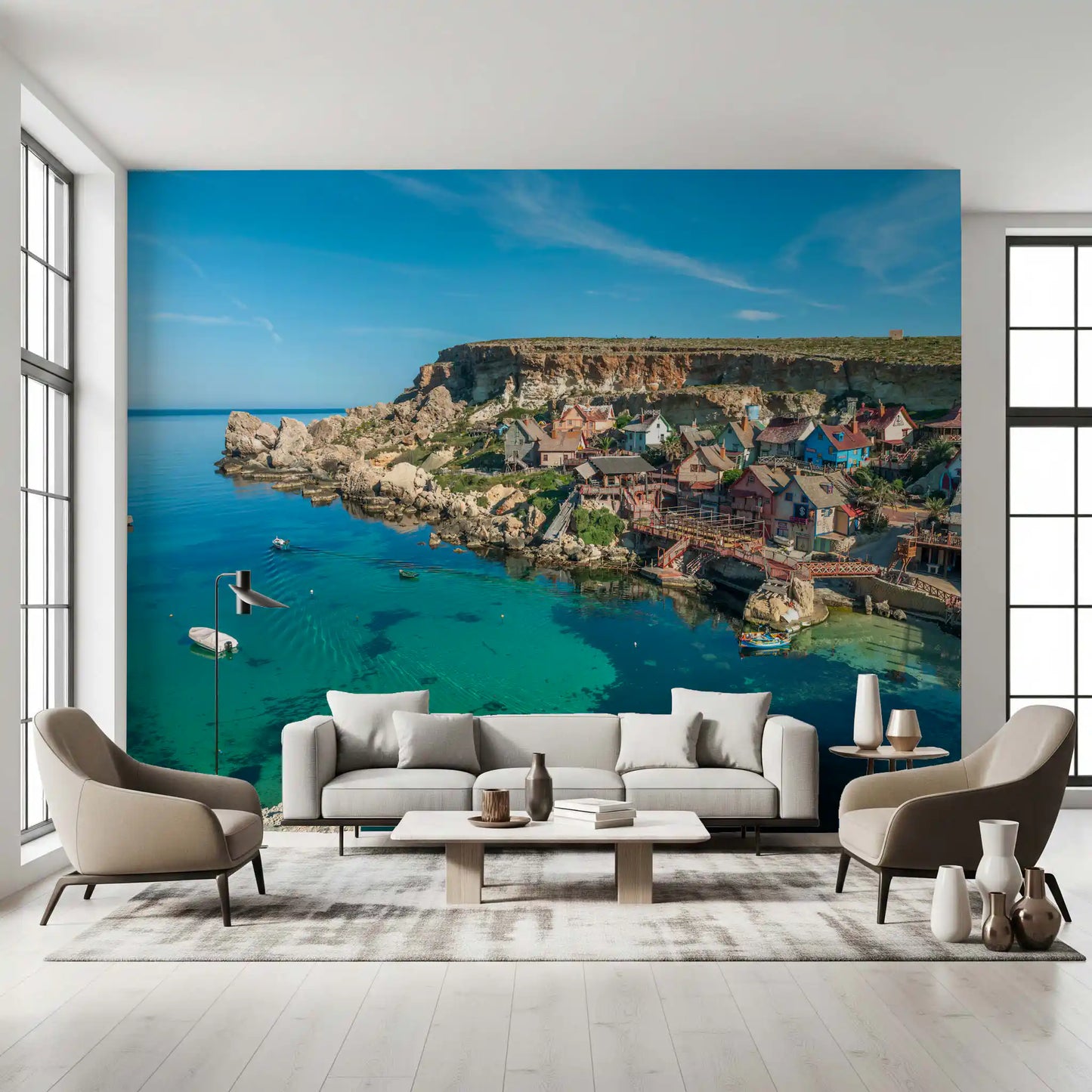 Mediterranean Coastal Village Harbor Wall Mural