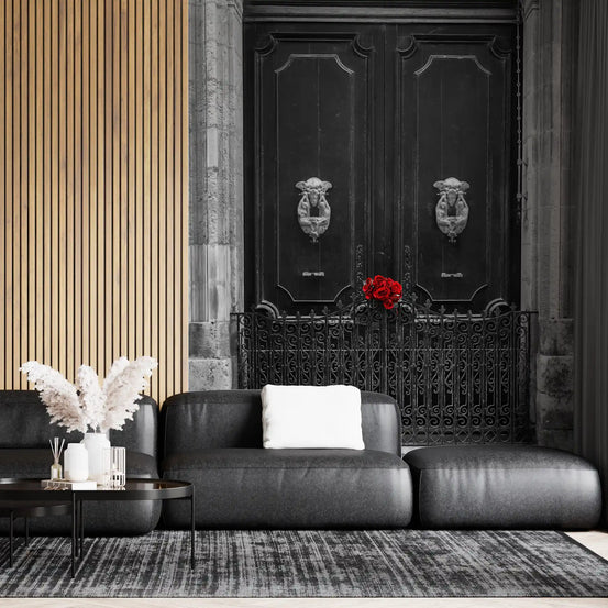 Stone archway wraps the ebony doors as red roses light the wall mural scene GD11142
