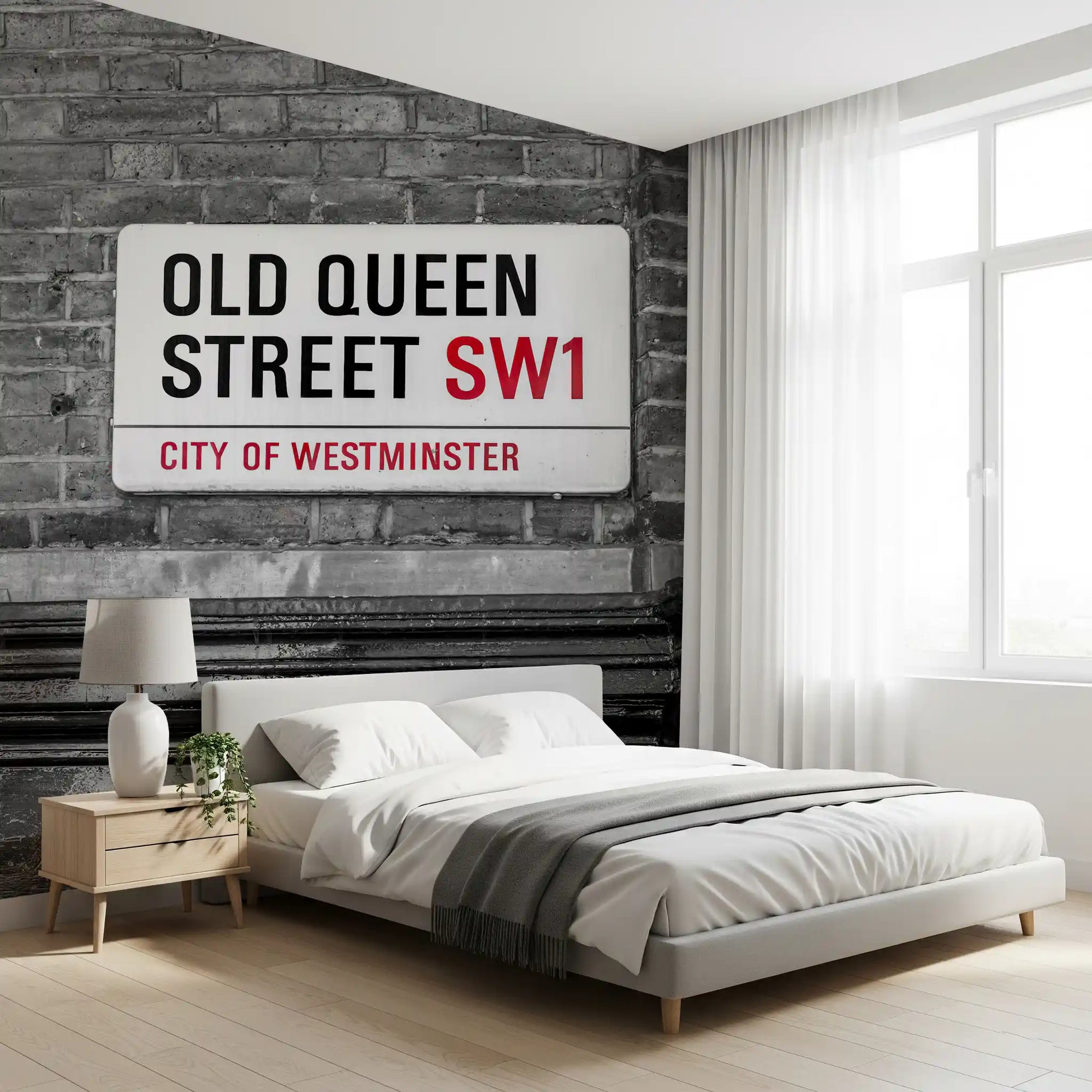 Bedroom corner shows the Old Queen Street sign wall mural in greyscale GD11143
