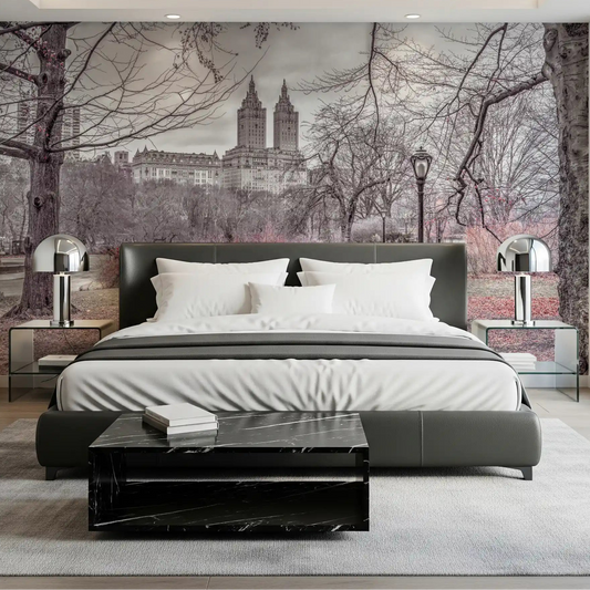 A bedroom carrying the Central Park Skyline Promenade wall mural, pink foliage GD11145