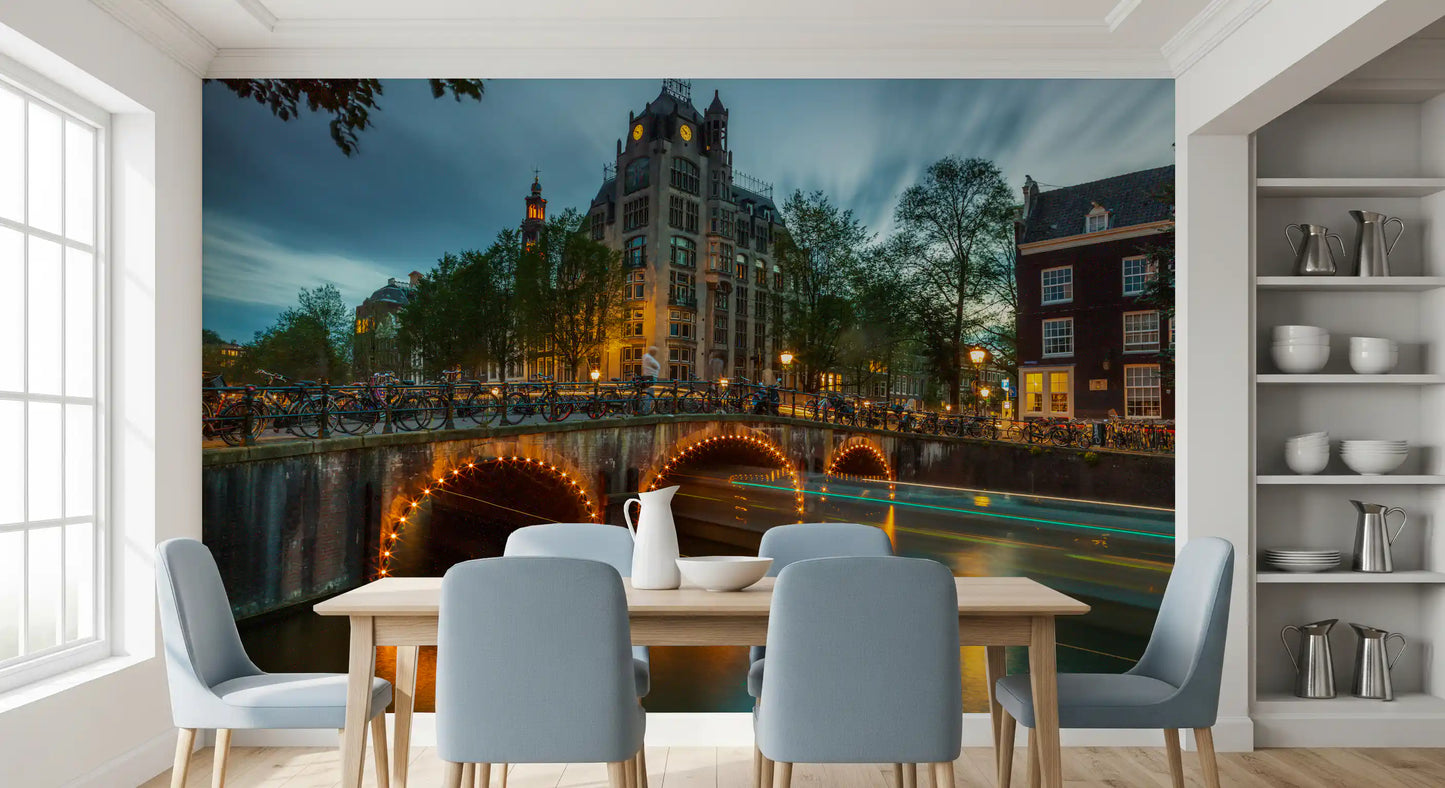 Amsterdam Canal Evening Illumination Wall Mural
