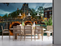 Amsterdam Canal Evening Illumination Wall Mural