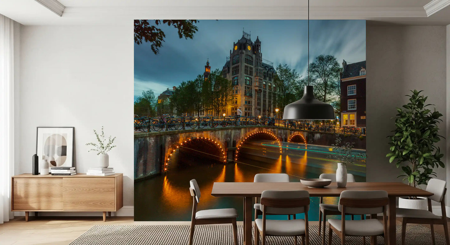 Amsterdam Canal Evening Illumination Wall Mural