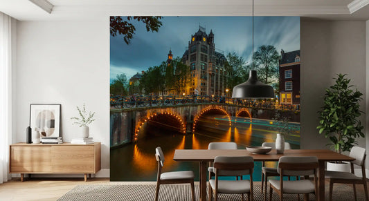 Amsterdam Canal Evening Illumination Wall Mural