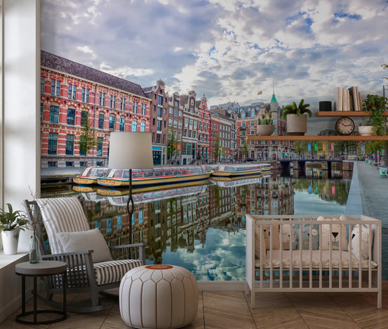 A calm nursery lit by the Amsterdam Canal Reflections wall mural, blue water GD11155