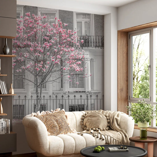 a pink magnolia and grey townhouse in a living room Wall mural GD11159
