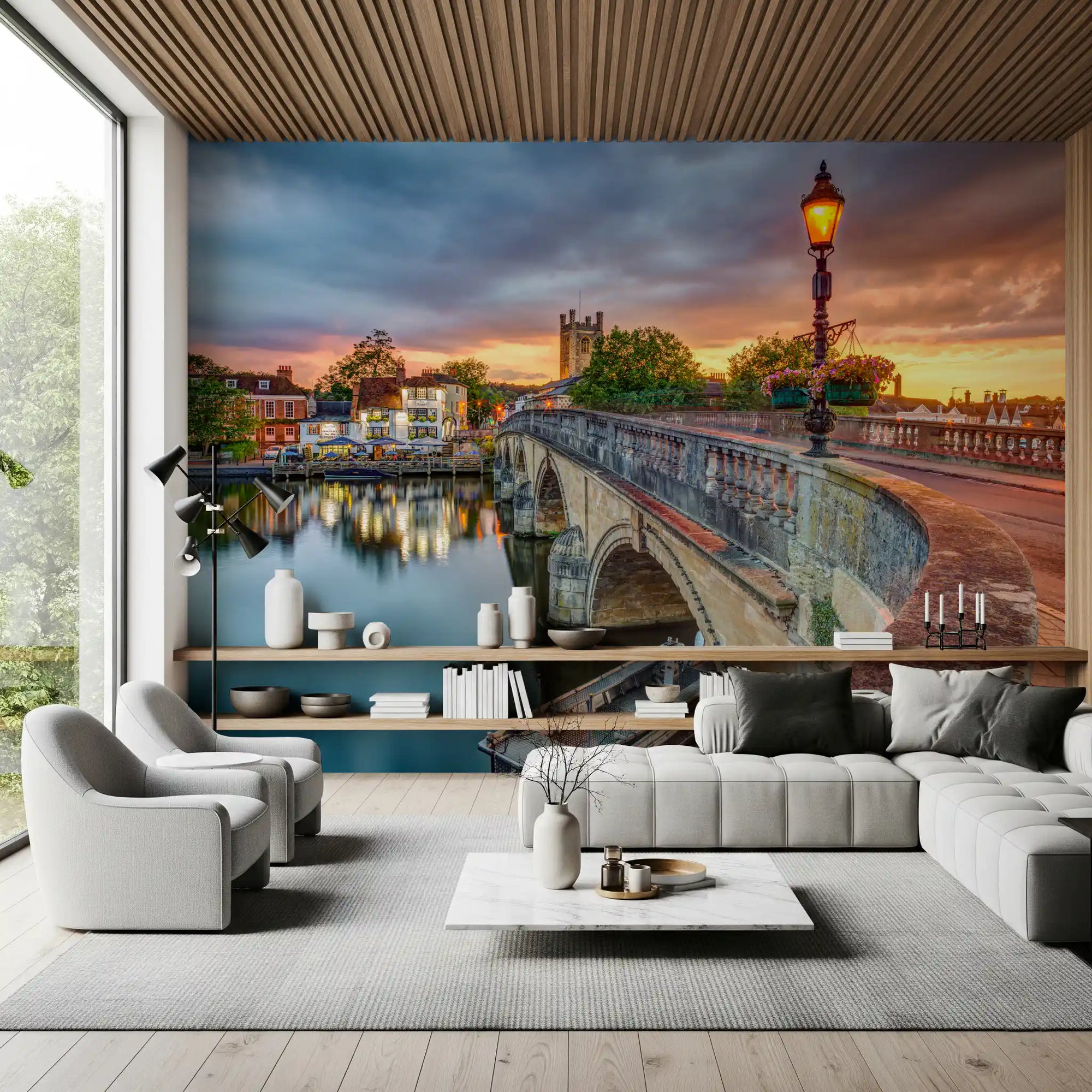 Riverside town at sunset wall mural over a living room nook, GD11160
