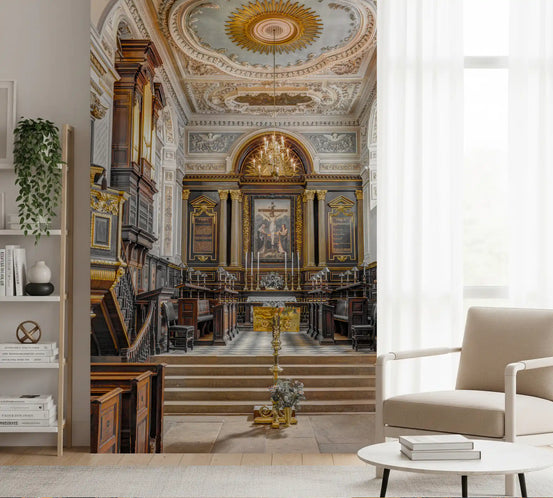 Gilded church interior wall mural lighting a calm living room in gold GD11161
