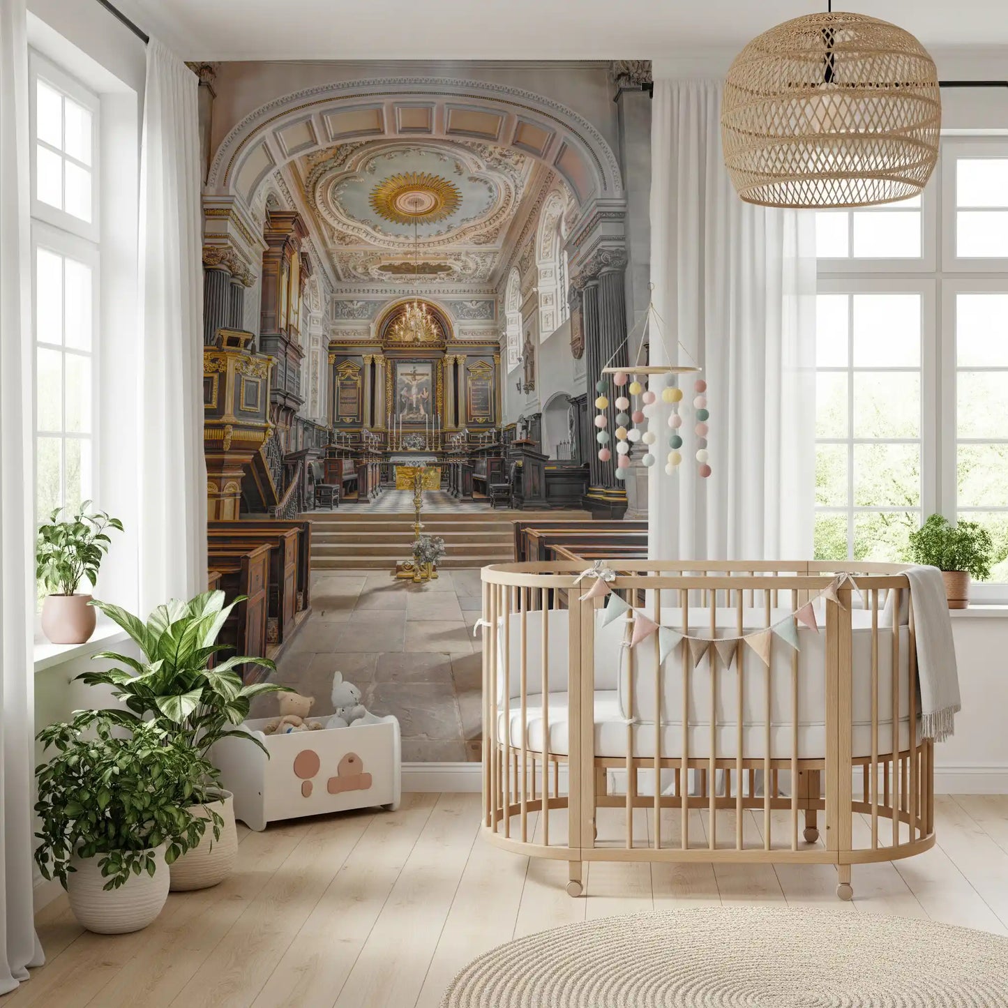 Stained Wood and Gilded Church Interior Wall Mural