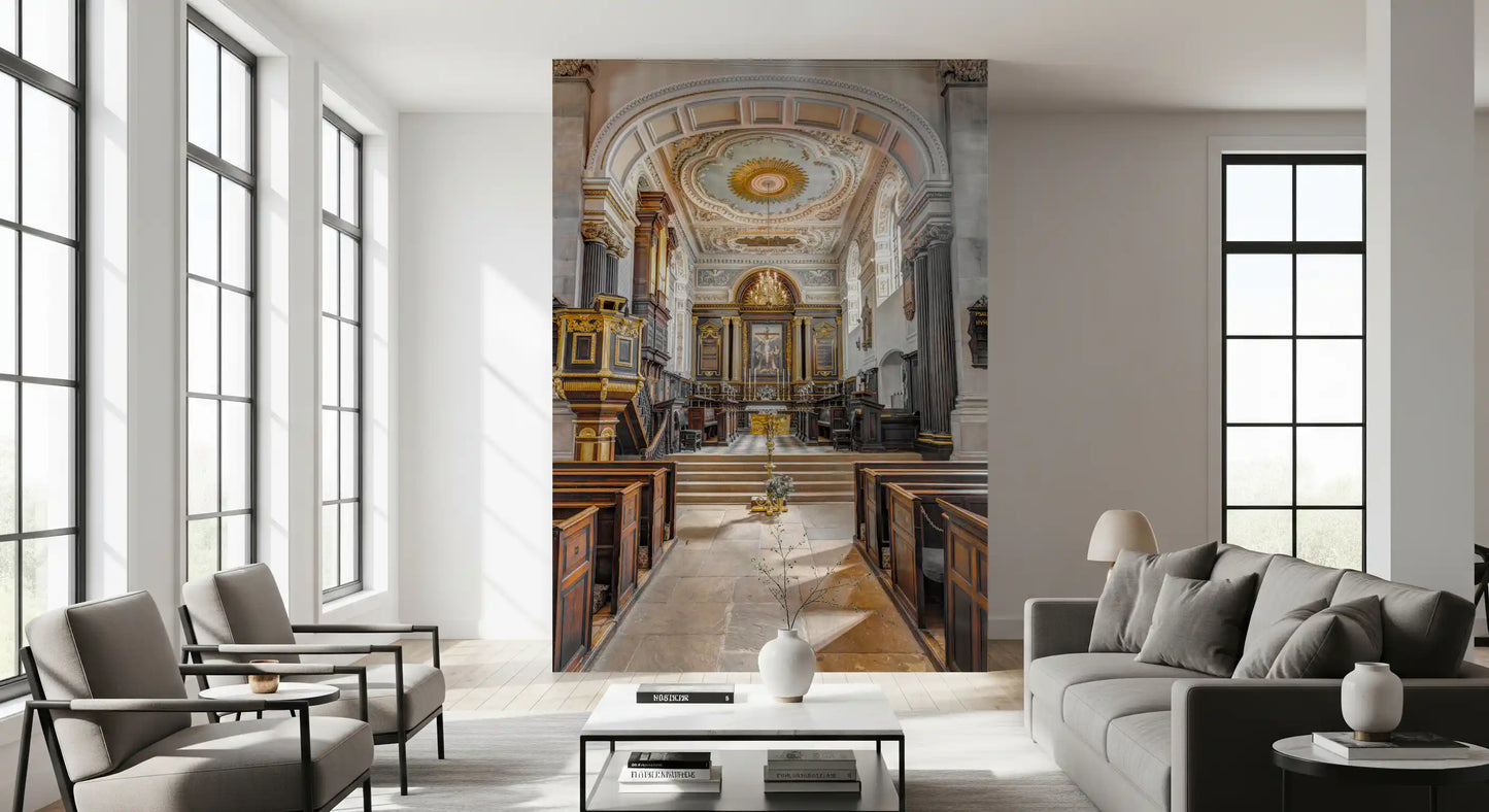 Stained Wood and Gilded Church Interior Wall Mural
