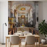 Stained Wood and Gilded Church Interior Wall Mural