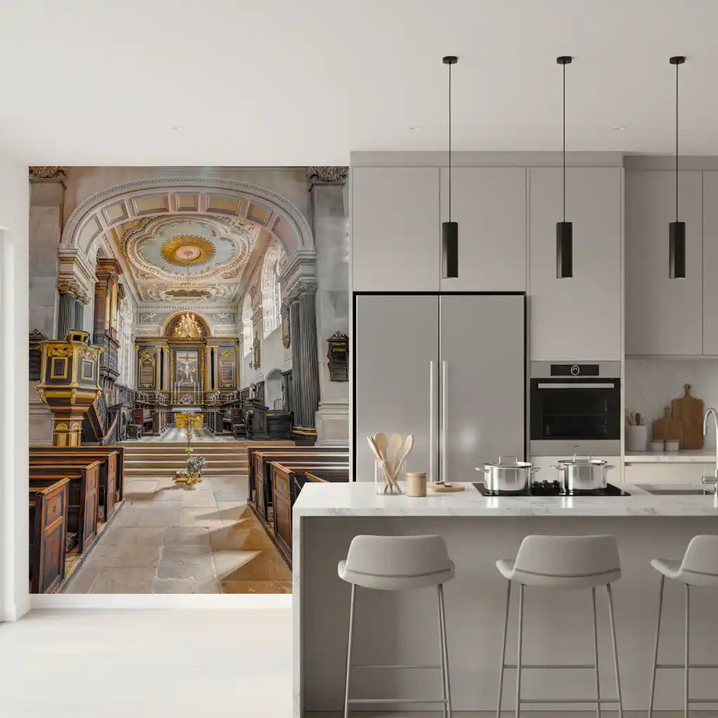 Stained Wood and Gilded Church Interior Wall Mural