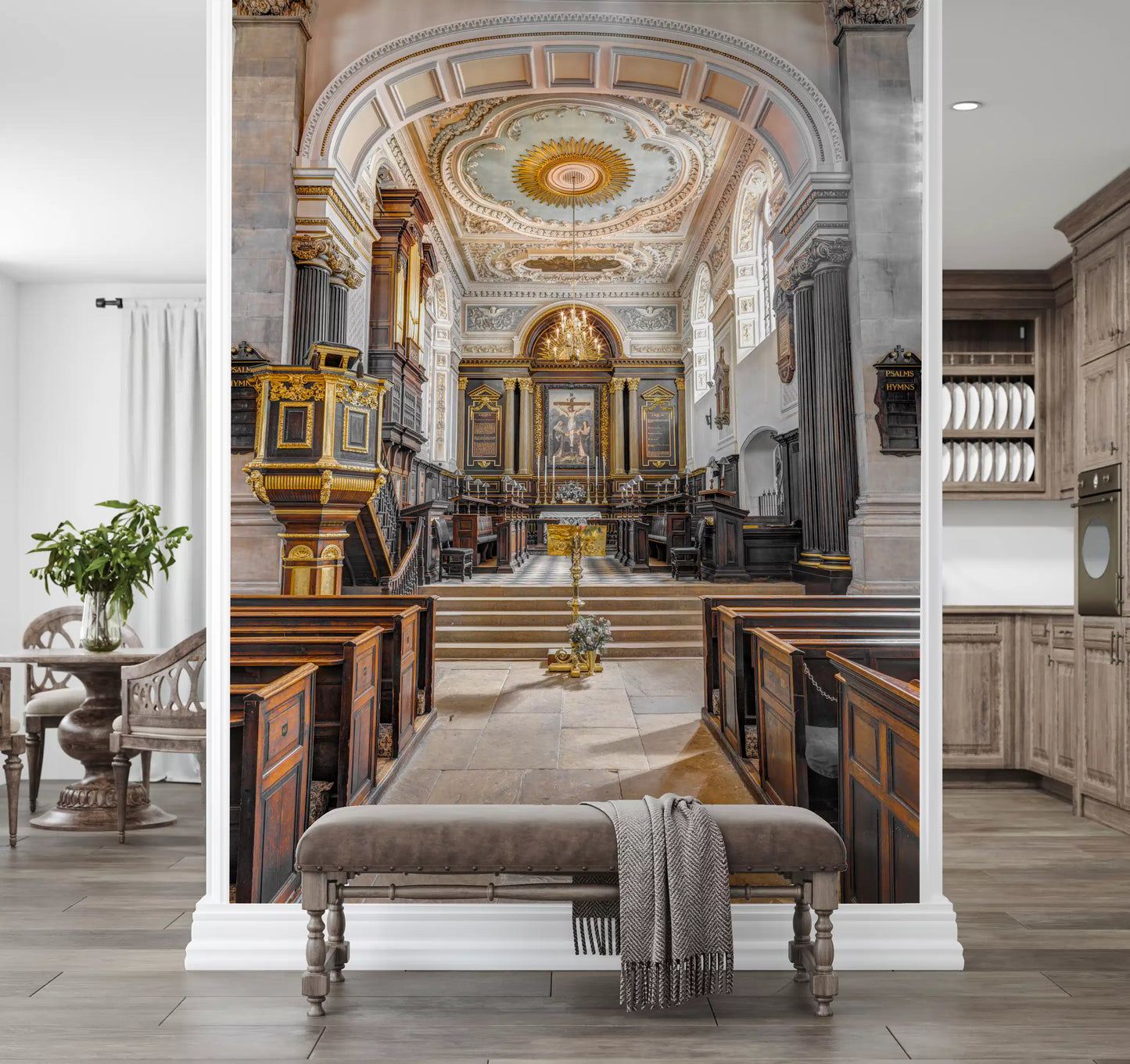 Stained Wood and Gilded Church Interior Wall Mural