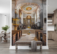 Stained Wood and Gilded Church Interior Wall Mural