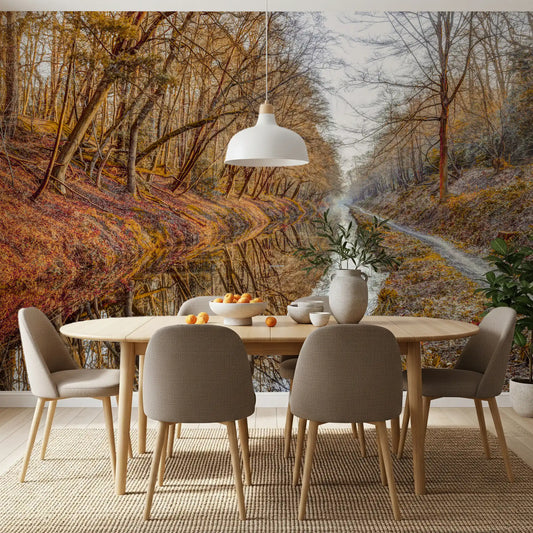 Wall mural of a gold autumn canal warms a dining room GD11163
