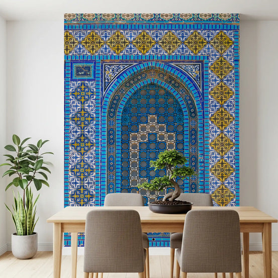 Blue and gold mosaic arch wall mural set in a dining room GD11170
