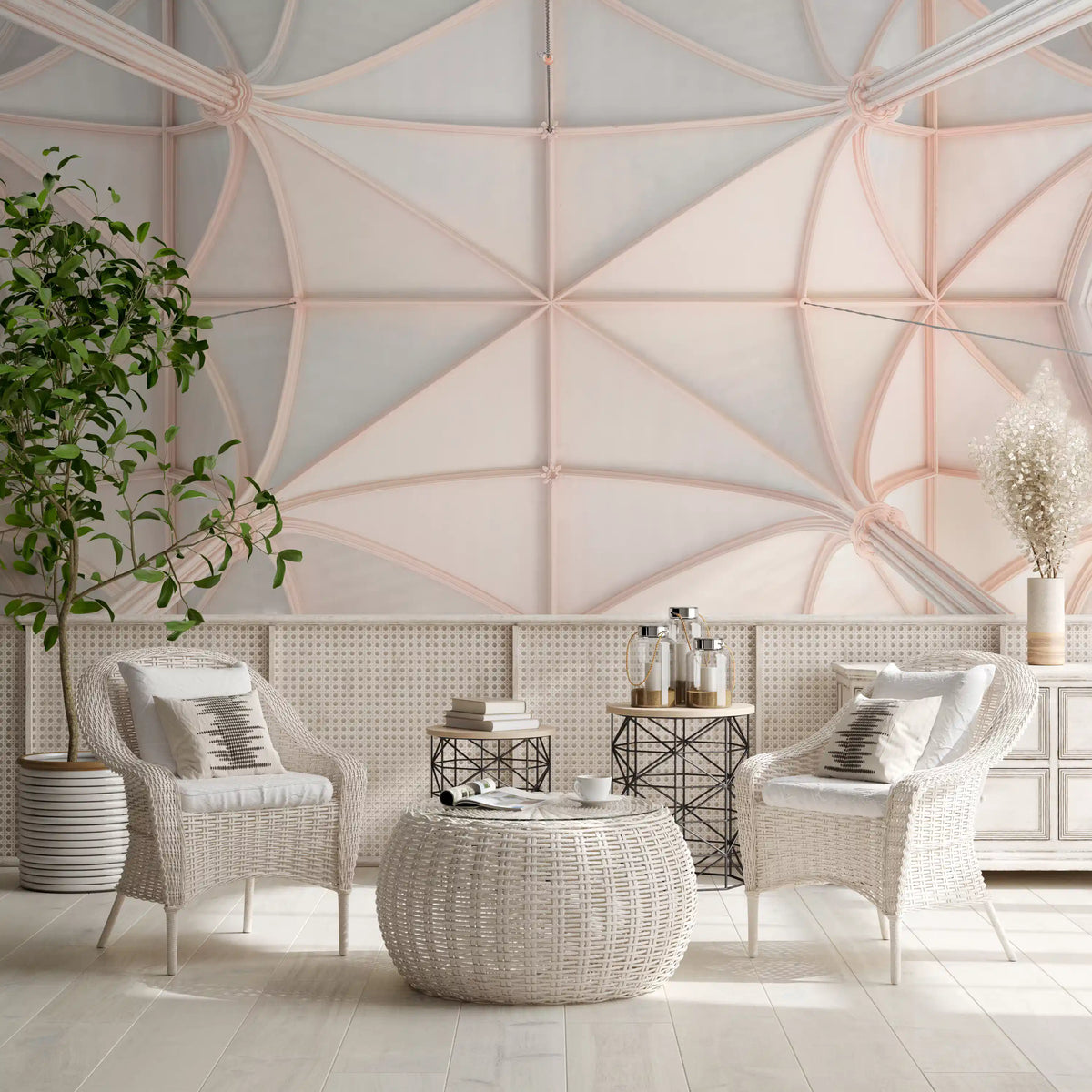 Gothic vaulted ceilings wall mural rises over a restful Living room overhead, GD11171
