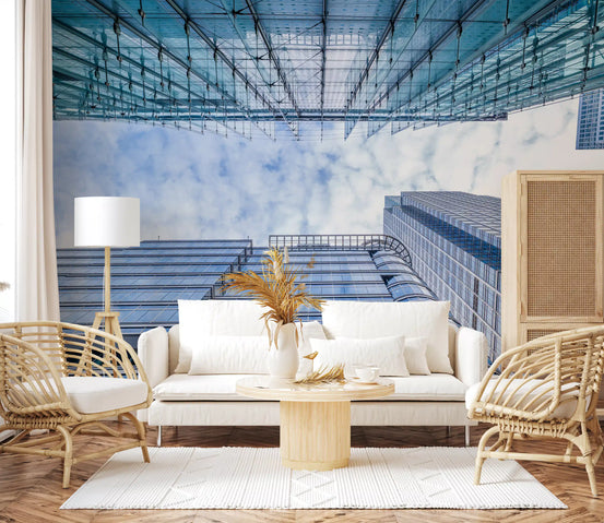 Blue glass skyscraper wall mural behind a relaxed living room, GD11172
