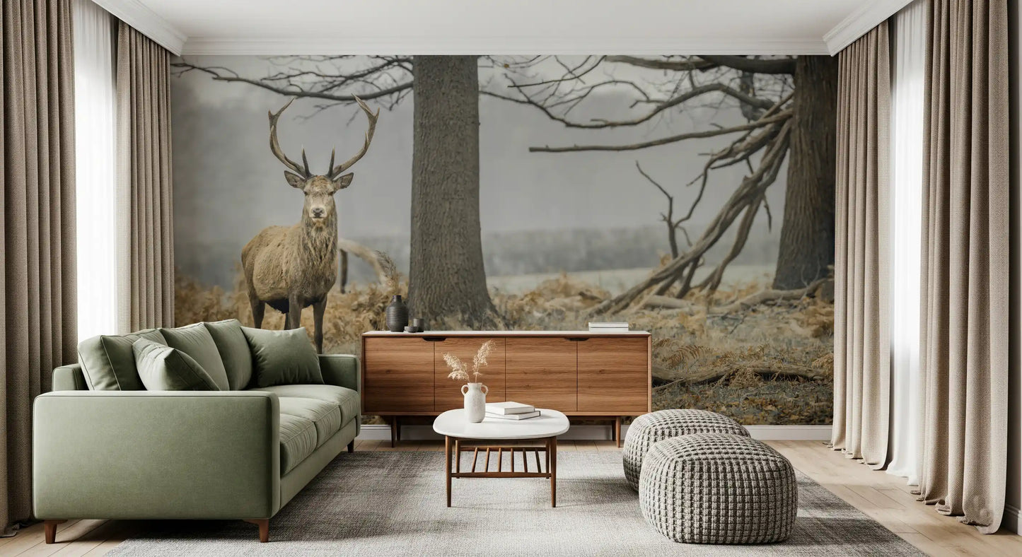 Majestic Woodland Stag in Misty Forest Wall Mural