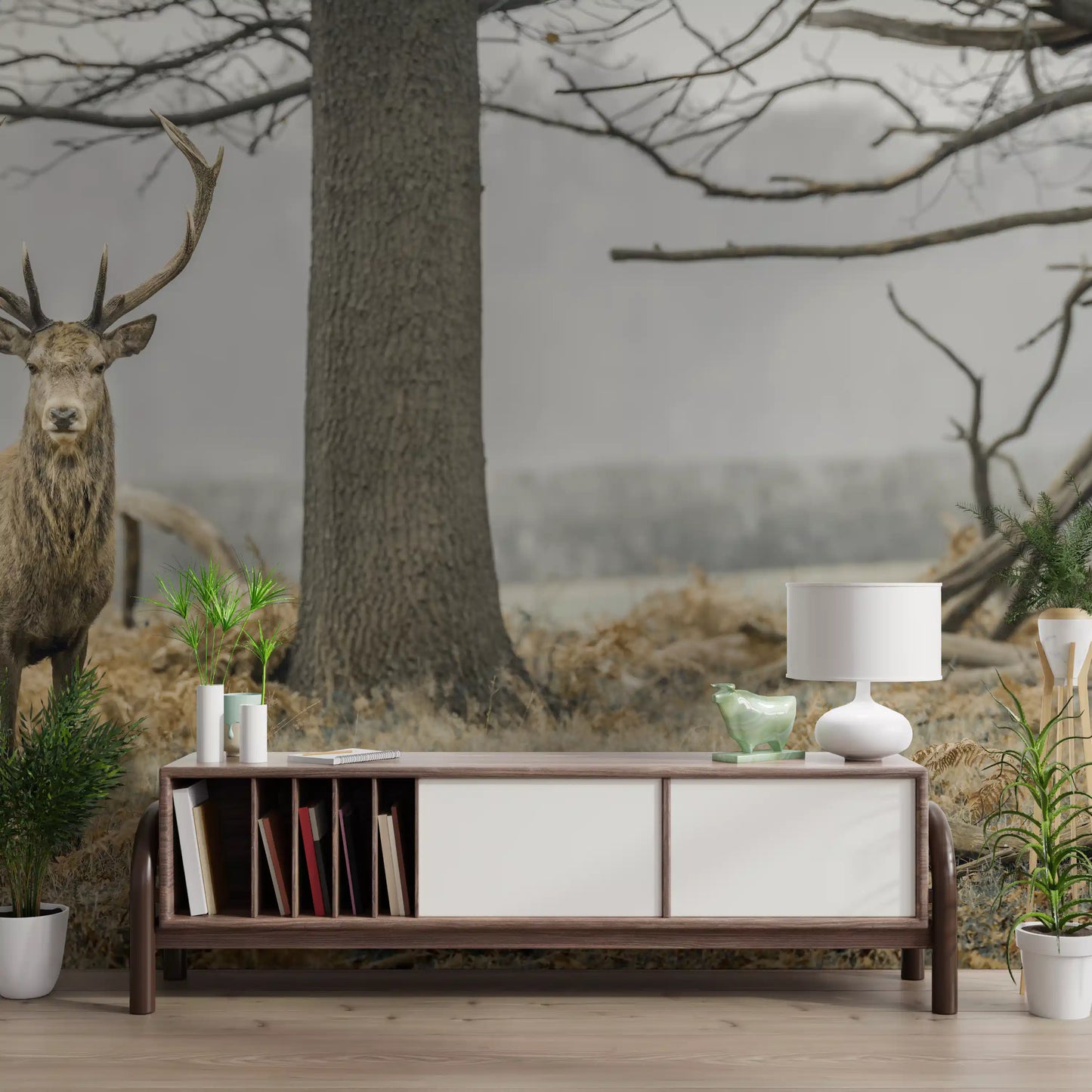 Majestic Woodland Stag in Misty Forest Wall Mural