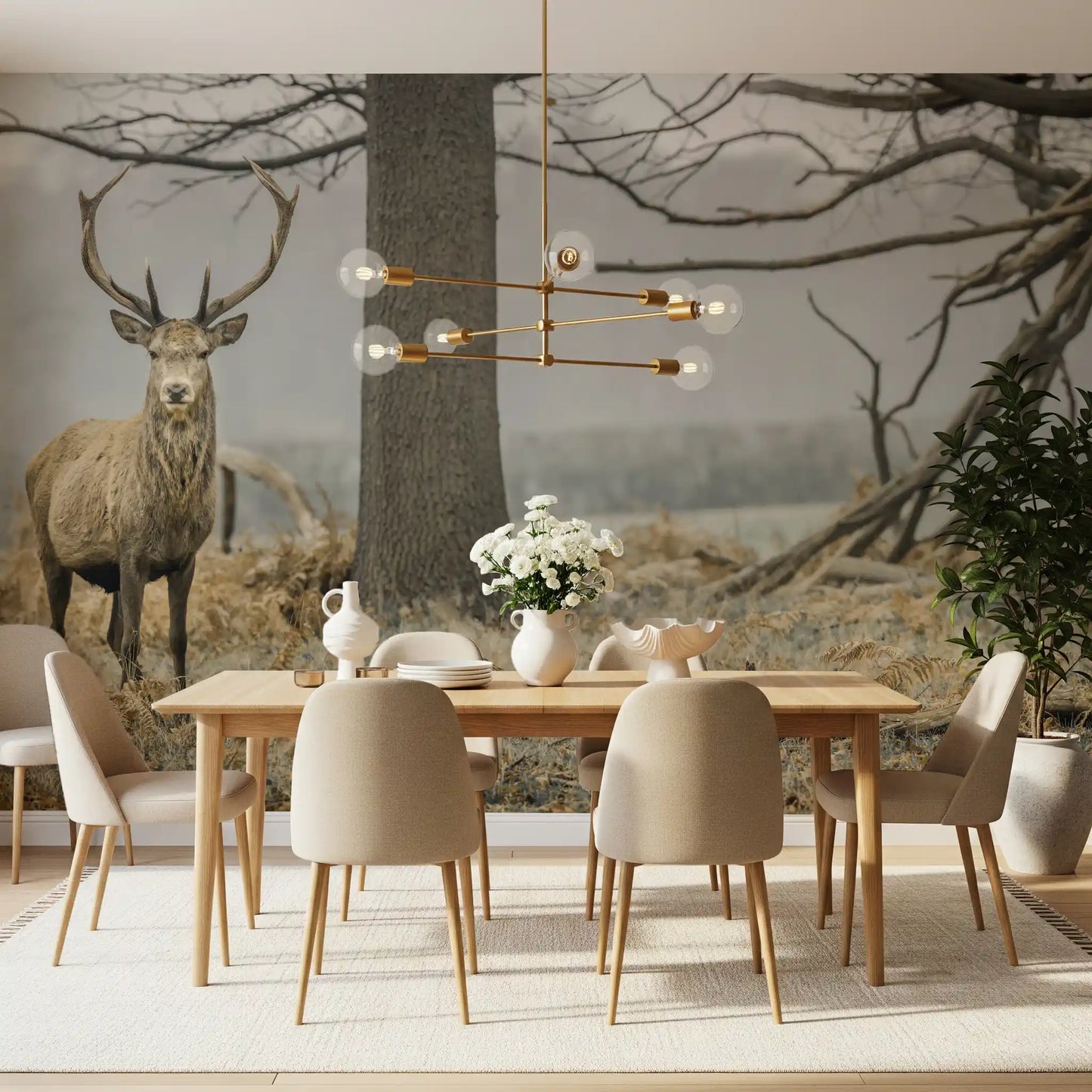Majestic Woodland Stag in Misty Forest Wall Mural