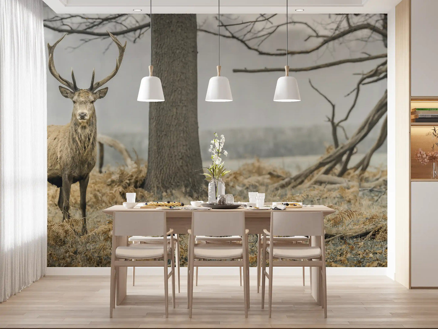 Majestic Woodland Stag in Misty Forest Wall Mural
