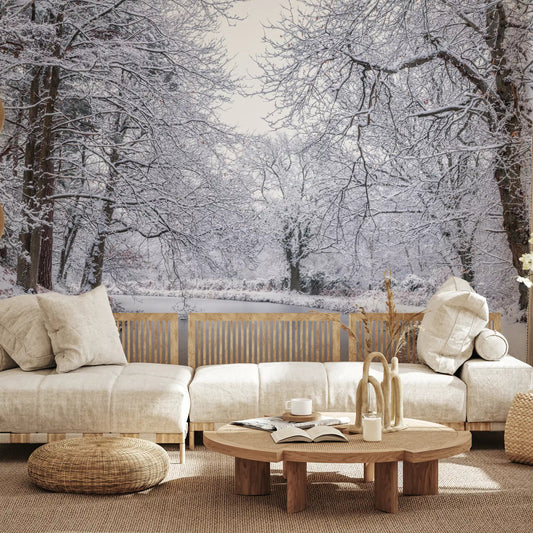Living room styled by the Winter Forest wall mural above quiet white snow, GD11174