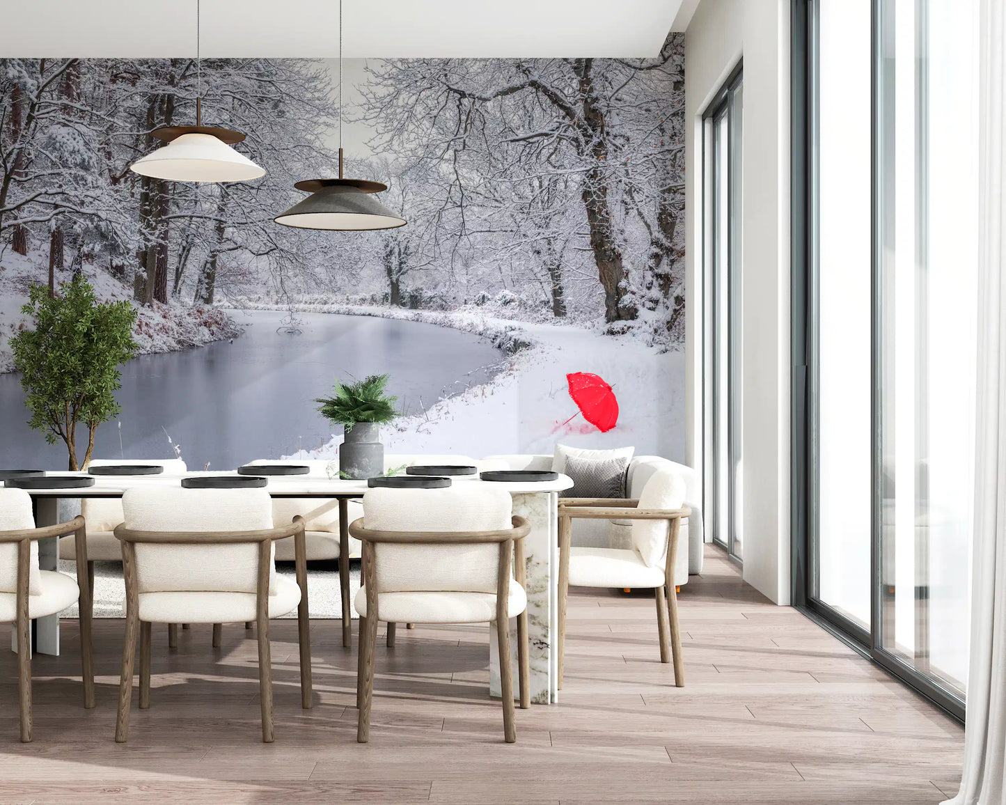Winter Forest Red Umbrella Wall Mural
