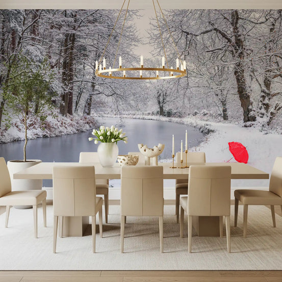Snowy Winter Forest wall mural cooling a dining room of bare trees, GD11174