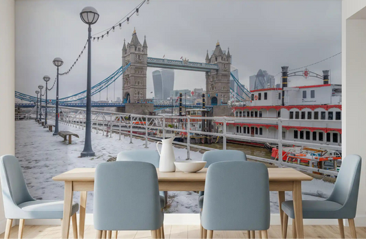 Snowy Thames Riverside wall mural spanning a wide Dining room GD11175
