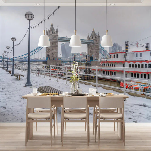 Winter Thames scene across a calm dining room in the Snowy Riverside wall mural GD11175
