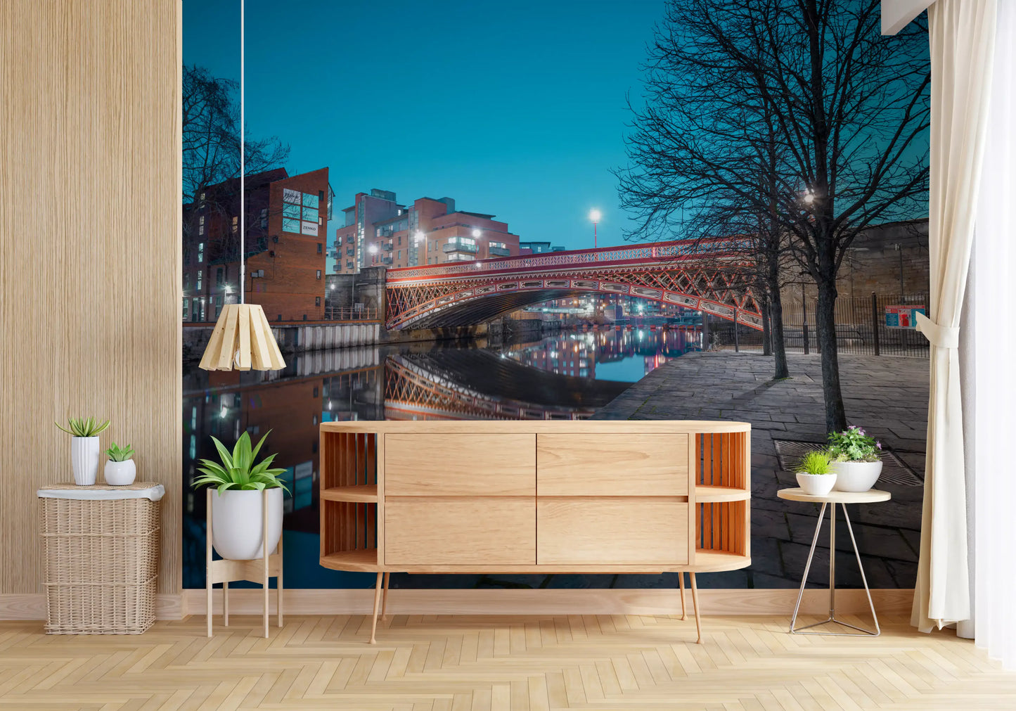 Urban River Reflection Bridge Wall Mural
