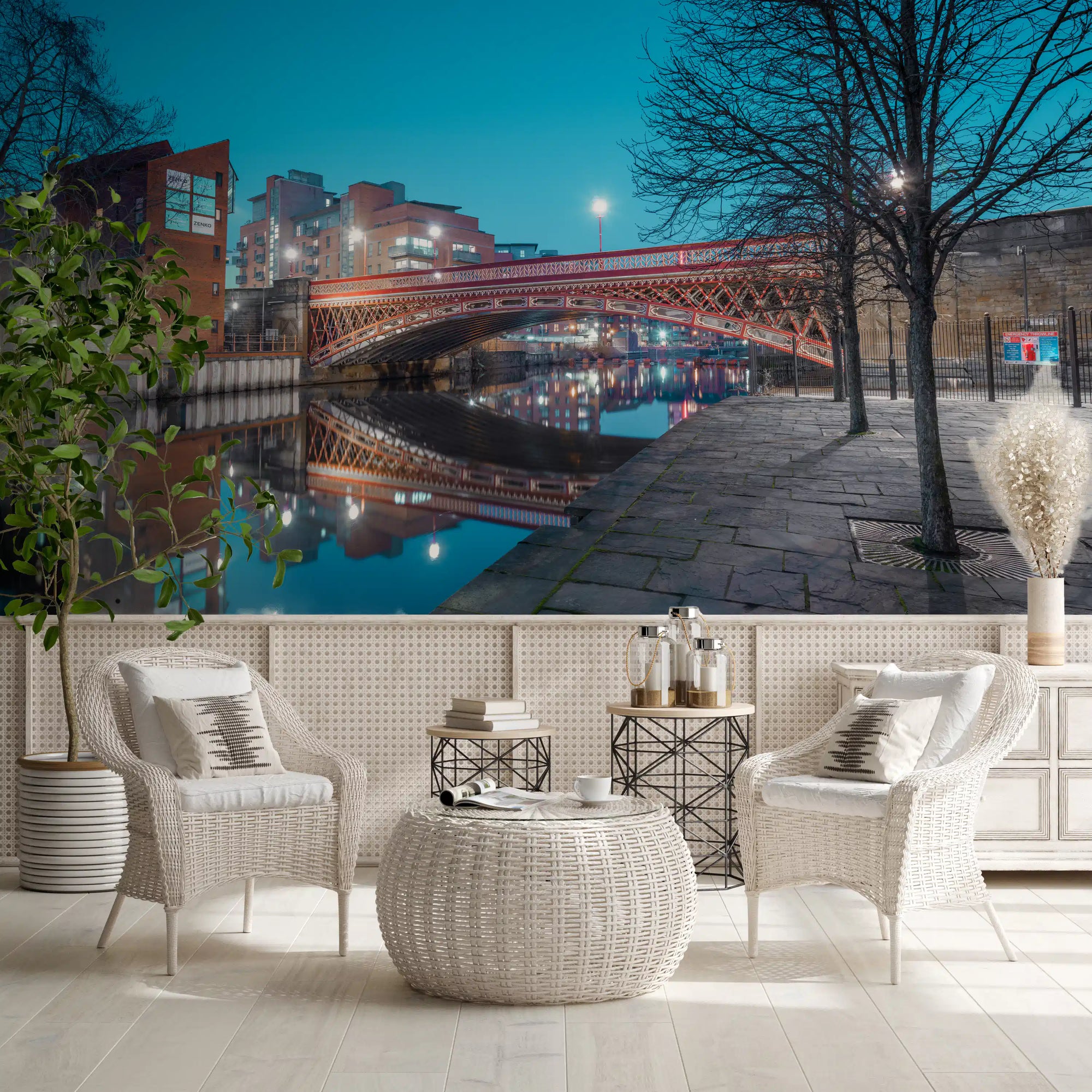 Urban River Reflection Bridge wall mural glowing red over water in a living room, GD11178