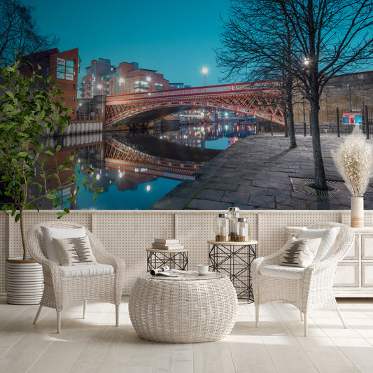 Urban River Reflection Bridge wall mural glowing red over water in a living room, GD11178