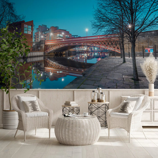 Urban River Reflection Bridge wall mural glowing red over water in a living room, GD11178