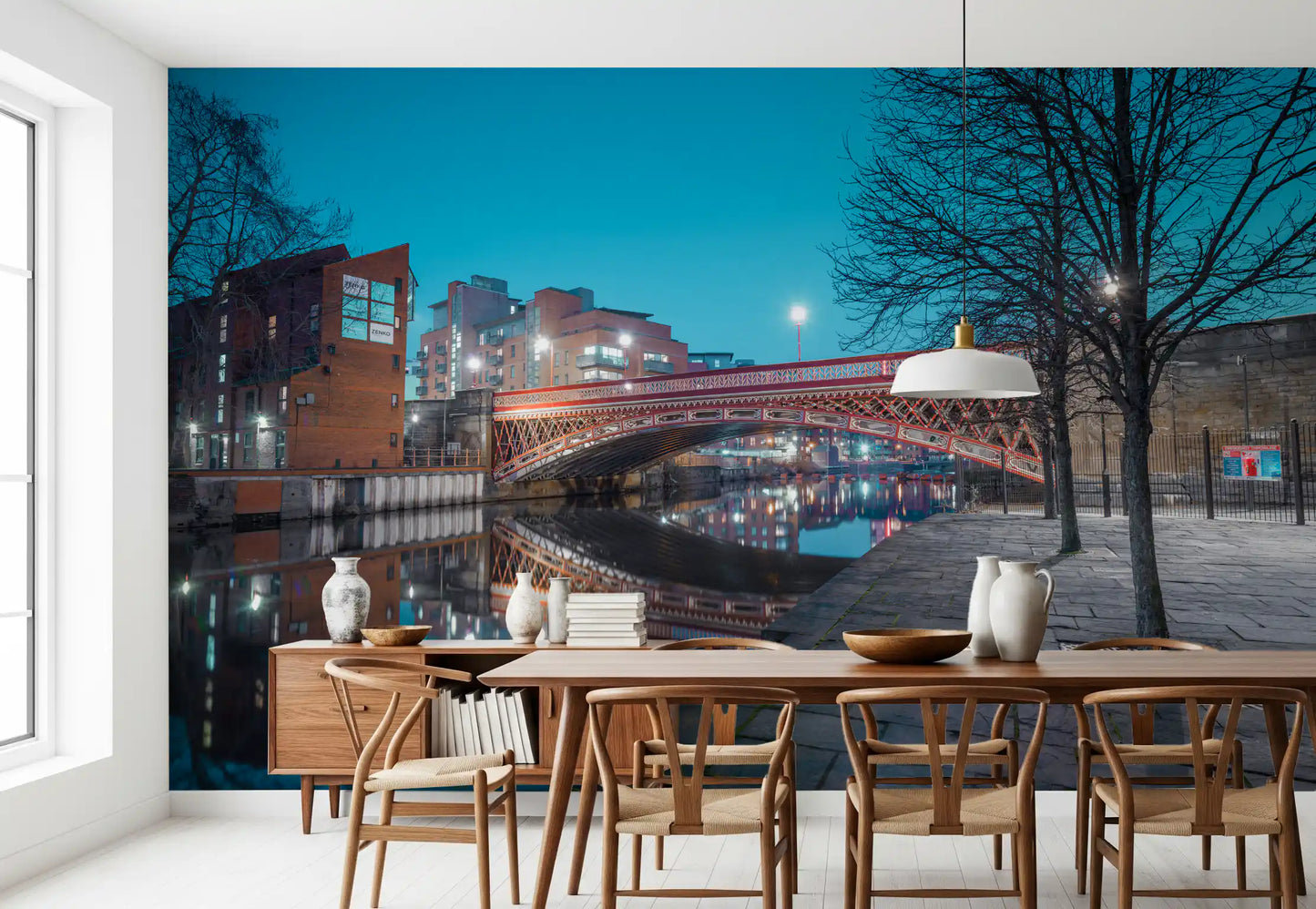 Urban River Reflection Bridge Wall Mural