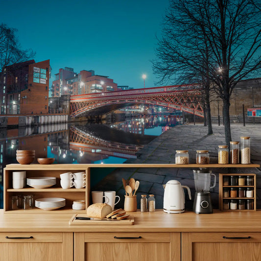 Lit ironwork mirrors across a Kitchen area ,  River Bridge wall mural in deep blue, GD11178
