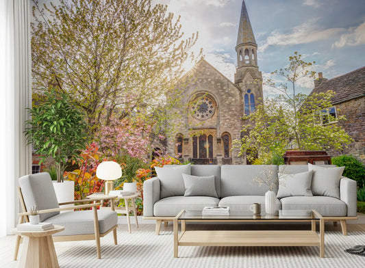 Sunlit English Church Garden Wall Mural