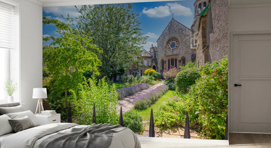 Old Town Stone Church Garden Scene Wall Mural
