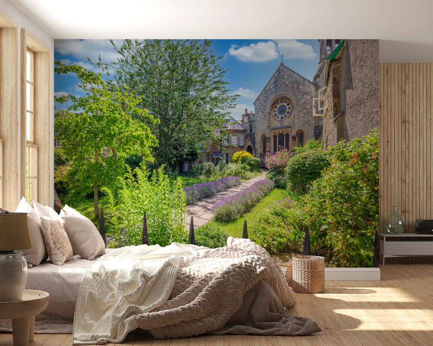 Old Town Stone Church Garden Scene Wall Mural