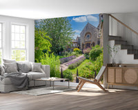 Old Town Stone Church Garden Scene Wall Mural